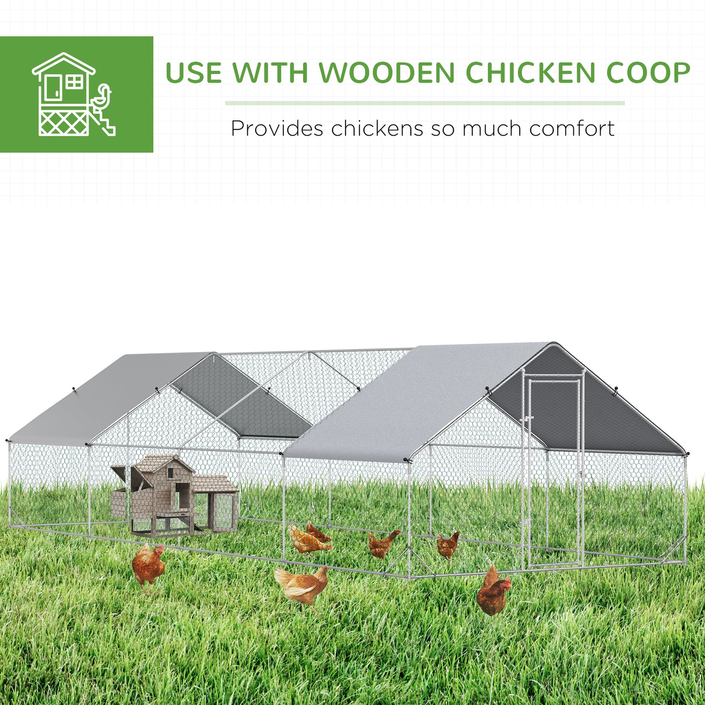 9.8' x 26.2' x 6.6' Chicken Coop Cage, Outdoor Hen House w/Cover & Lockable Door
