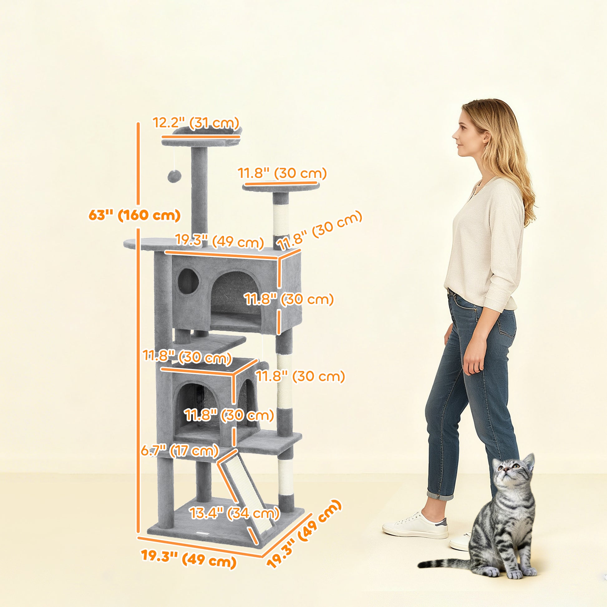 54" Cat Tree, Multi-Level Cat Tower with Scratching Posts, Cat Condos, Bed, Platforms, Ramp, Toy Ball, Light Grey